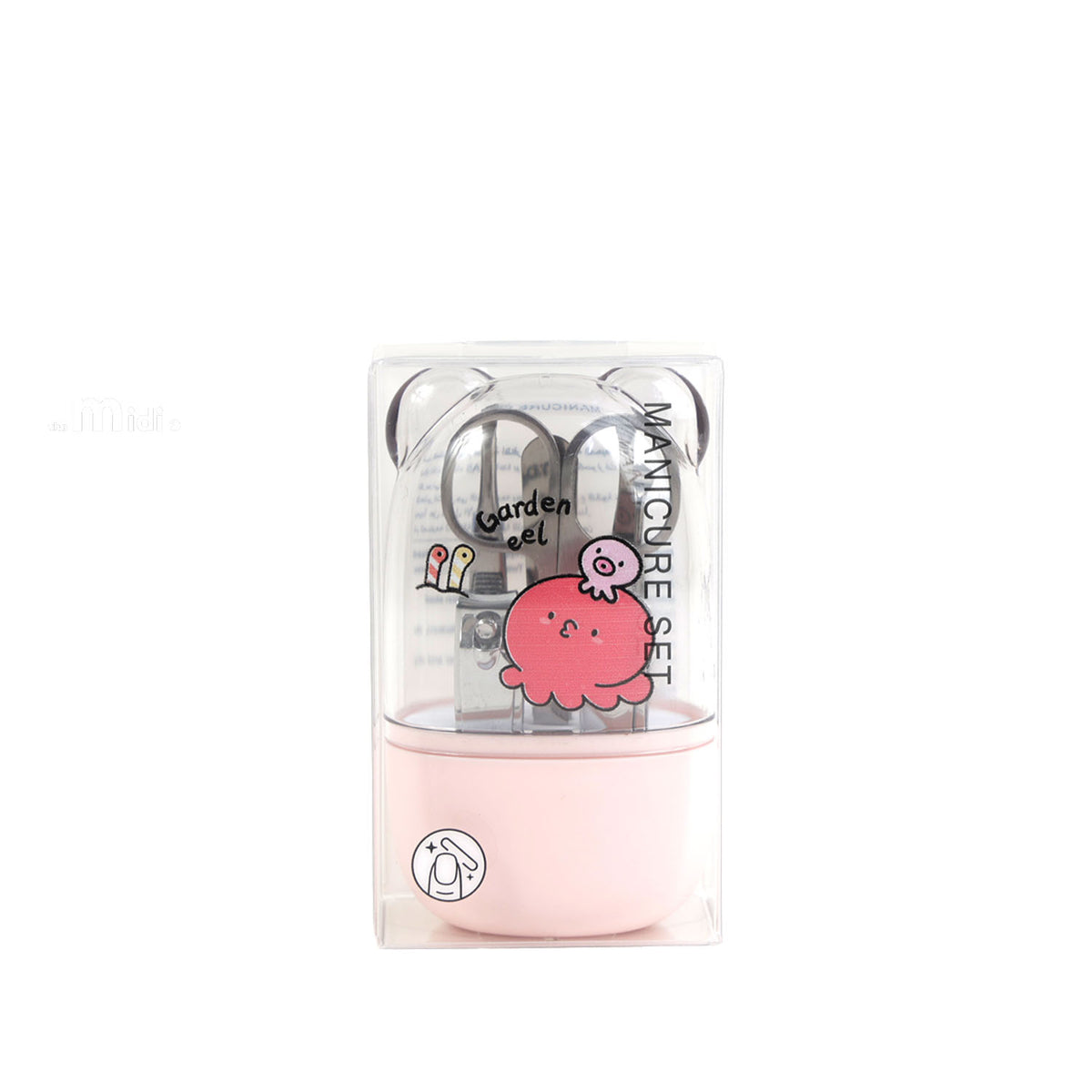 Pink nail care kit with crab illustrations in a clear case