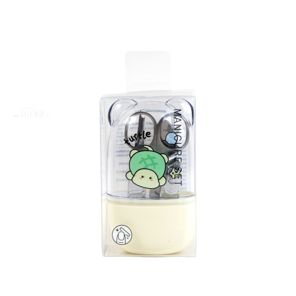 Yellow nail care kit with turtle illustrations in a clear case