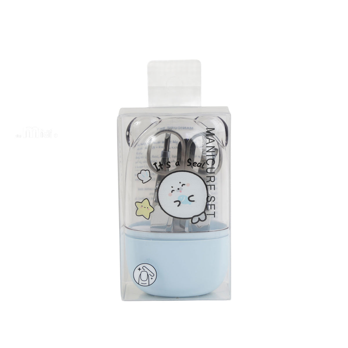 Light blue nail care kit with seal illustrations in a clear case