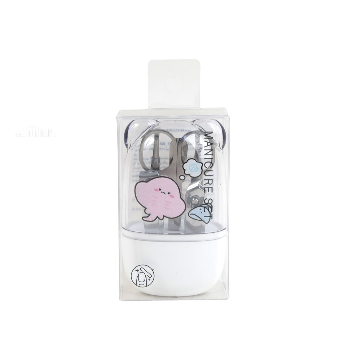 White nail care kit with rabbit illustrations in a clear case