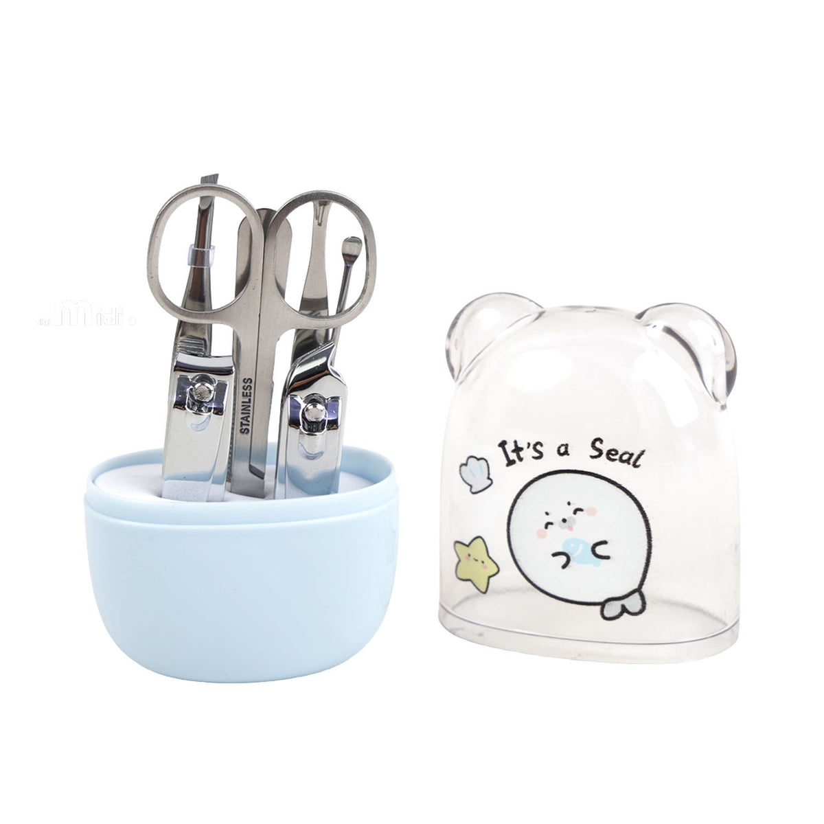 Scissors and nail clippers in a pale blue holder beside a seal-print case