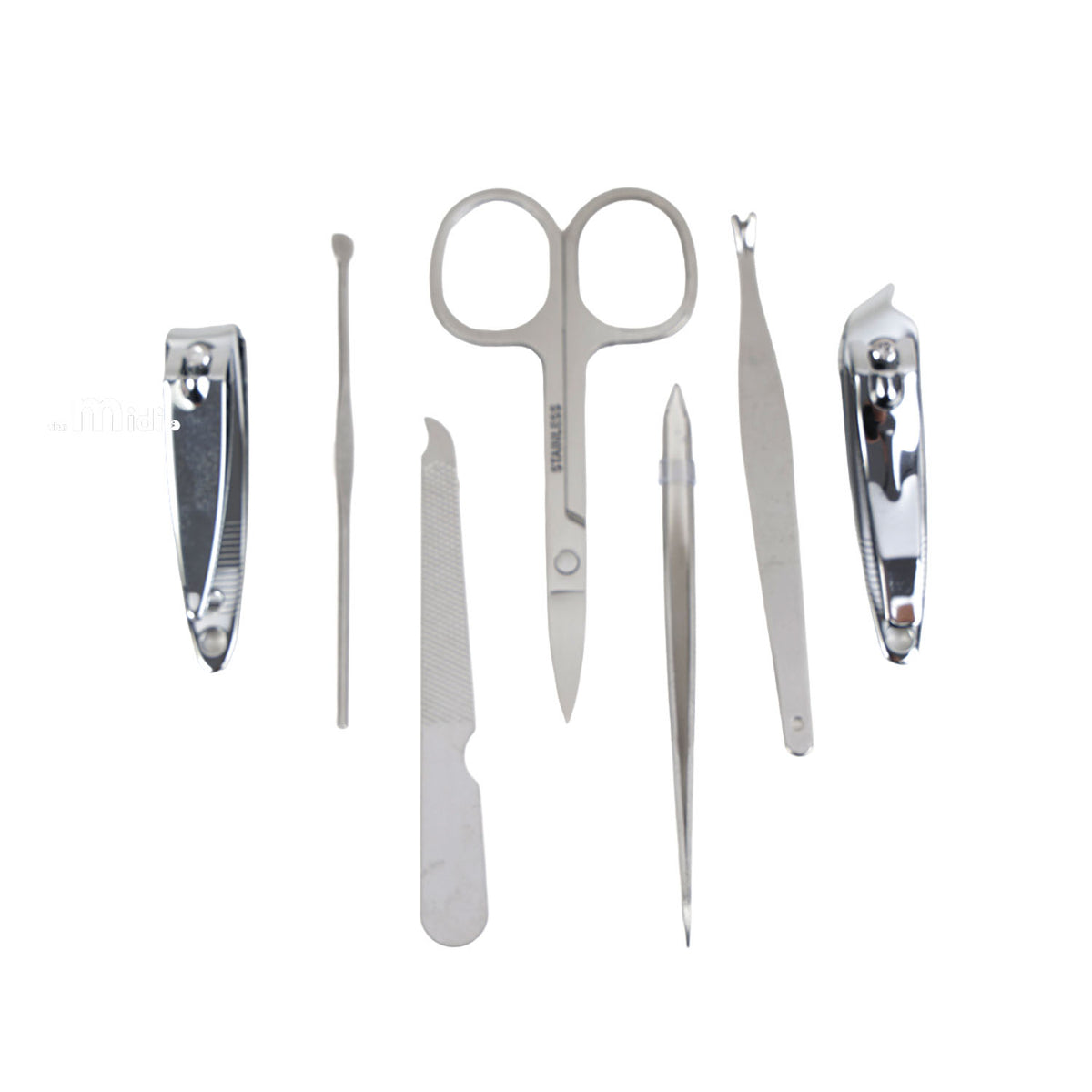 Seven nail grooming tools, including clippers, scissors, tweezers and a file