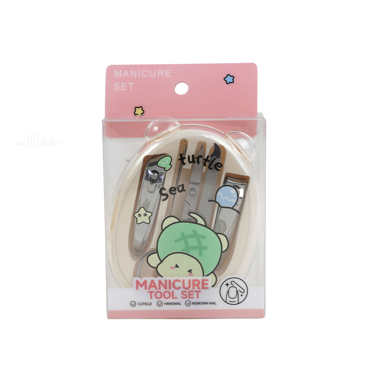 Ocean-themed 5-piece manicure tool set with seal print, tools in clear blister pack