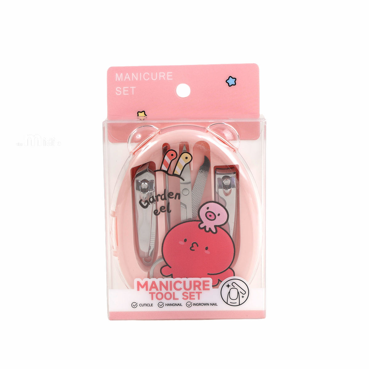 Ocean-themed 5-piece manicure tool set with pink sea creature print, tools in clear blister