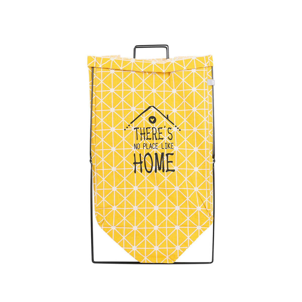 Yellow fabric storage bag with iron frame, top handle, geometric pattern and 'HOME'