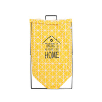 Yellow fabric storage bag with iron frame, top handle, geometric pattern and 'HOME'
