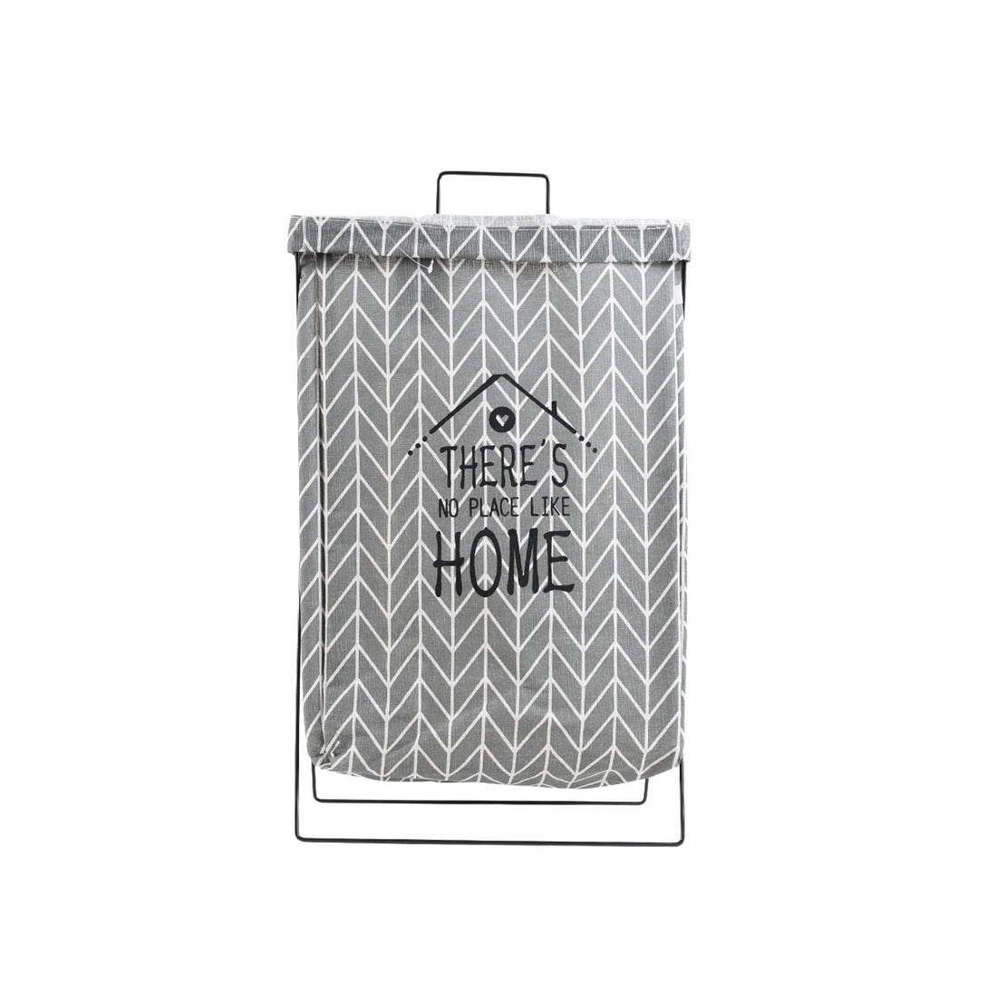 Gray fabric storage bag with iron frame, top handle, leaf pattern and 'HOME' text