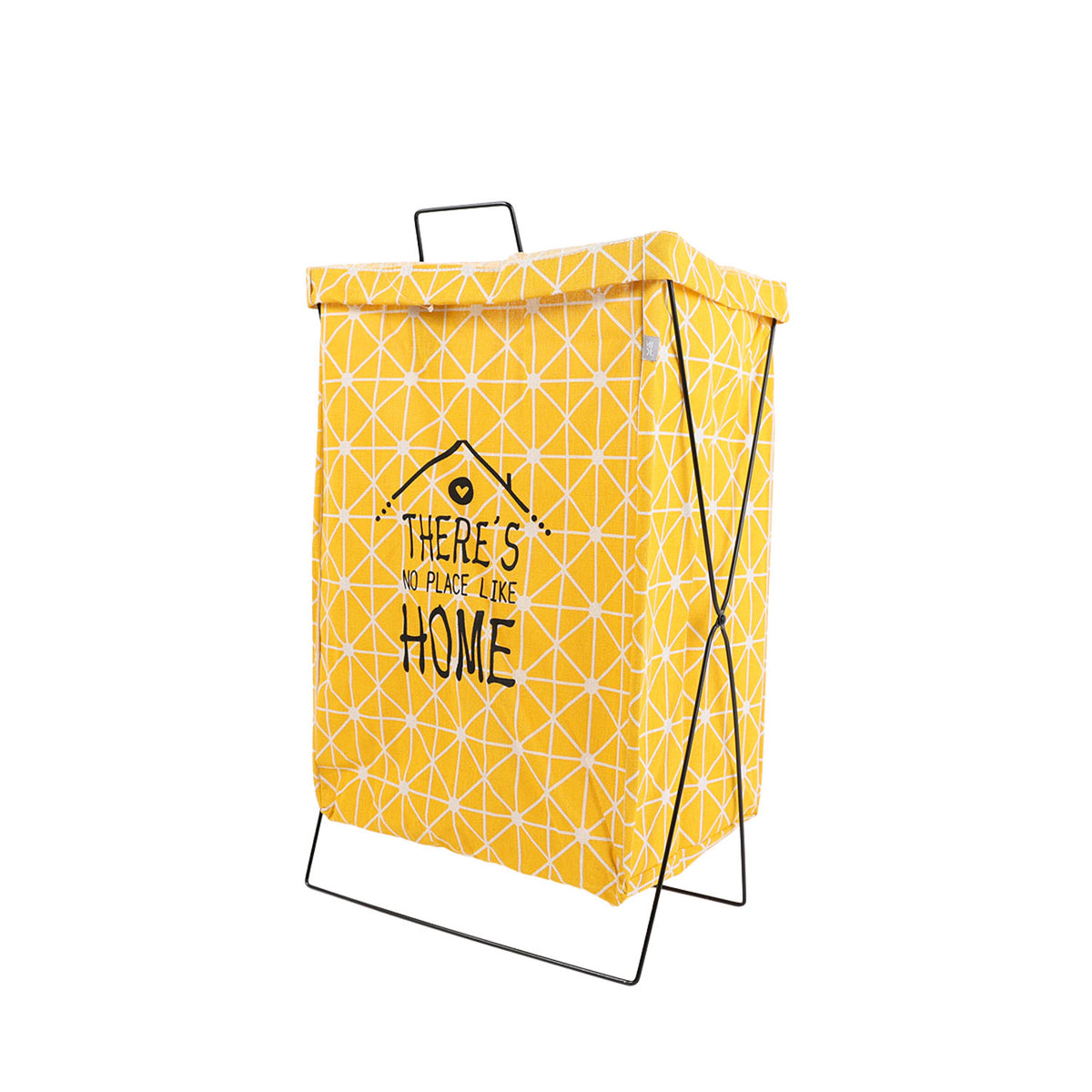 Yellow fabric storage bag with iron frame, top handle, 'HOME' graphic