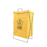 Yellow fabric storage bag with iron frame, top handle, 'HOME' graphic