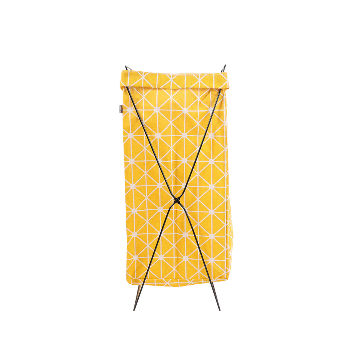 Yellow fabric storage bag with iron frame, side view, X-braced base