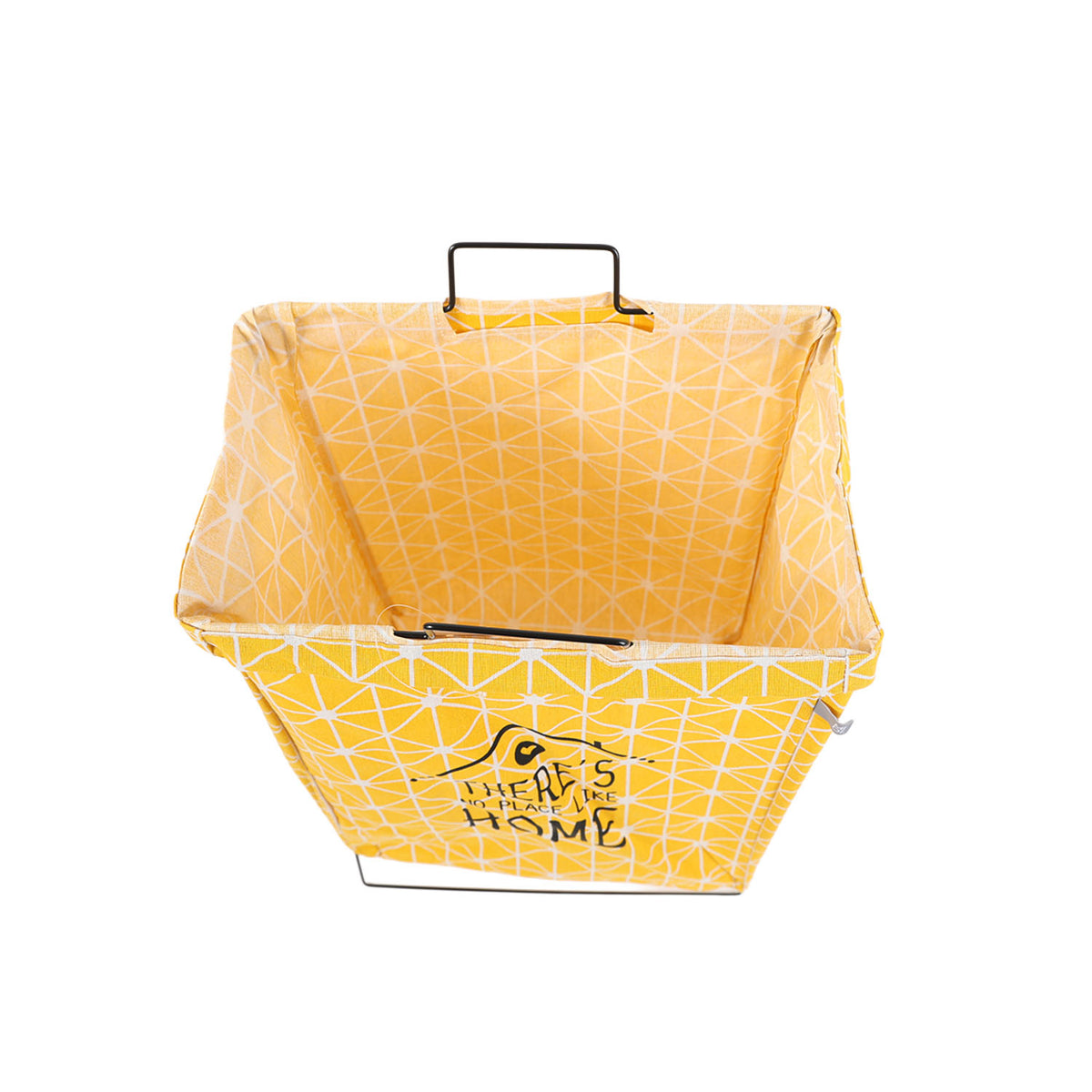 Yellow fabric storage bag with iron frame, open top, 'HOME' graphic front