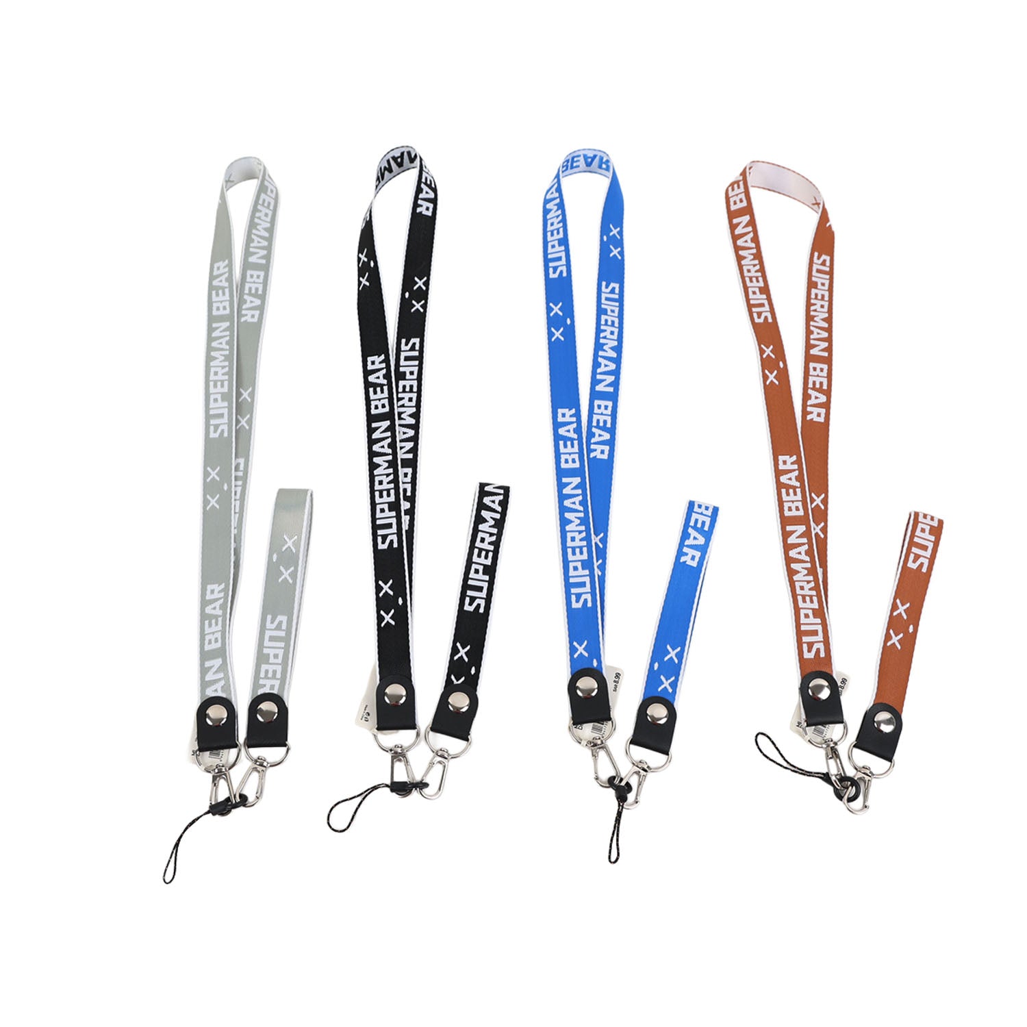 Assorted phone lanyards in black, blue, gray, and orange/brown with metal clips
