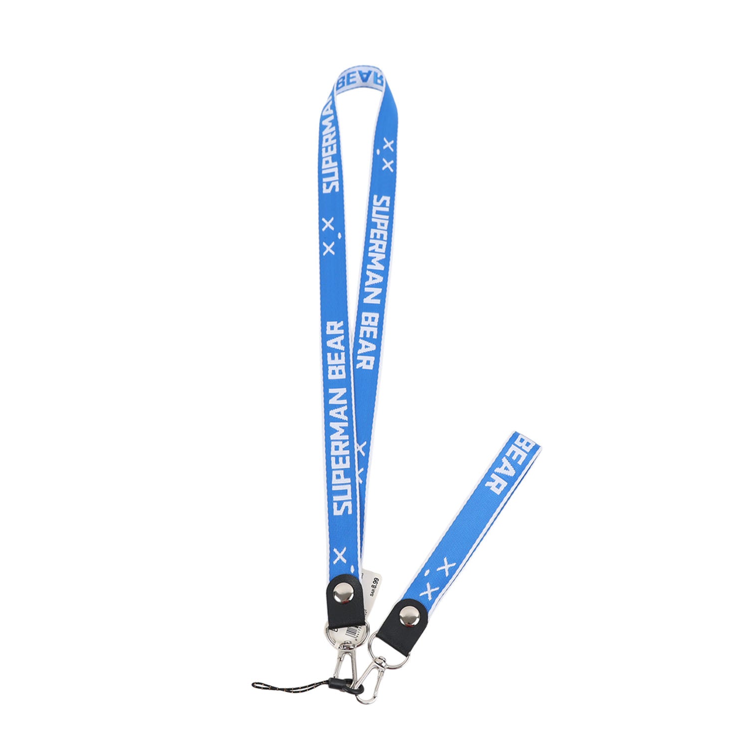 Blue phone lanyard with metal clips and SUPERMAN BEAR logo print