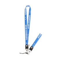 Blue phone lanyard with metal clips and SUPERMAN BEAR logo print