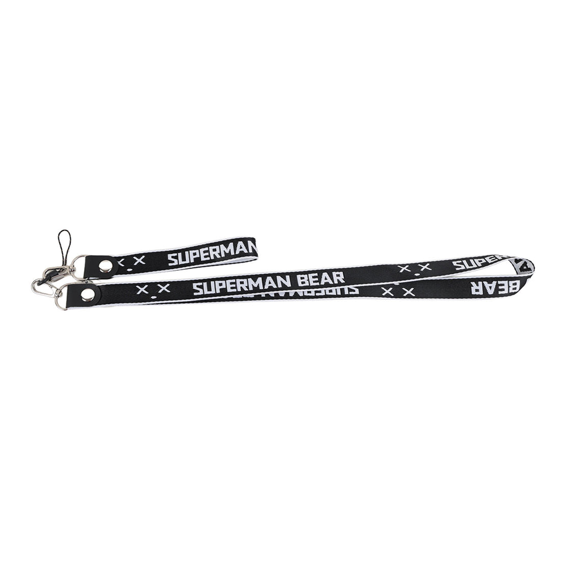 Black phone lanyard with metal clips and repeating SUPERMAN BEAR lettering