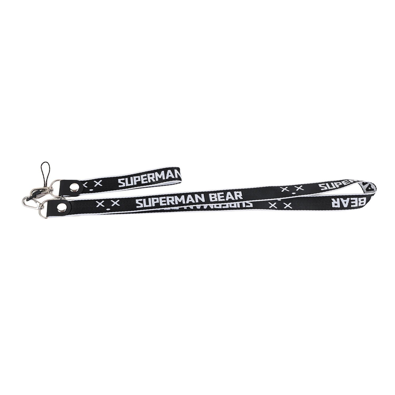Black phone lanyard with metal clips and repeating SUPERMAN BEAR lettering