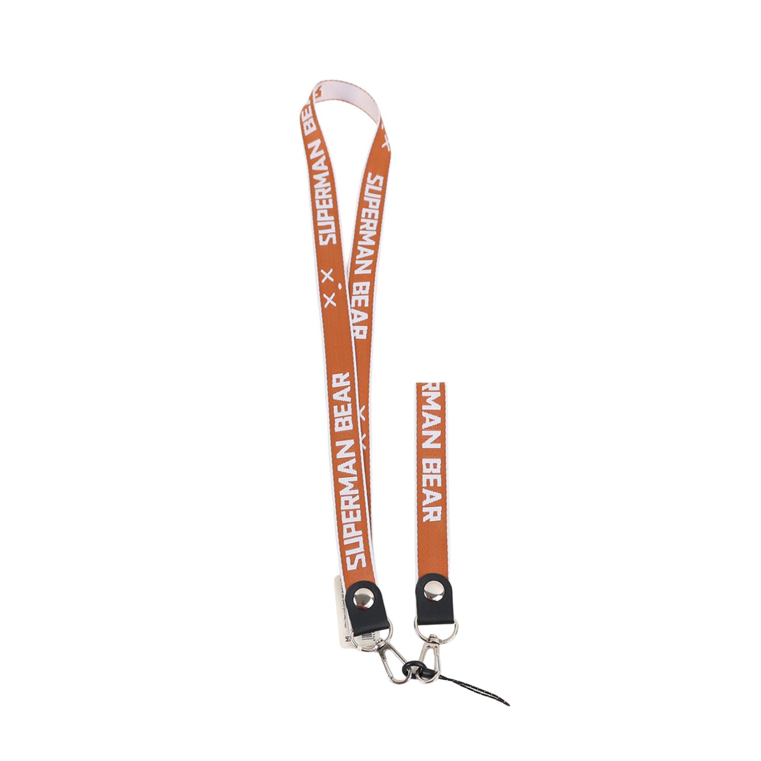 Brown phone lanyard with metal clips and SUPERMAN BEAR lettering