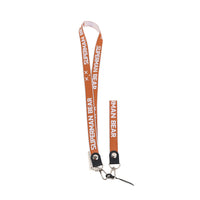 Brown phone lanyard with metal clips and SUPERMAN BEAR lettering