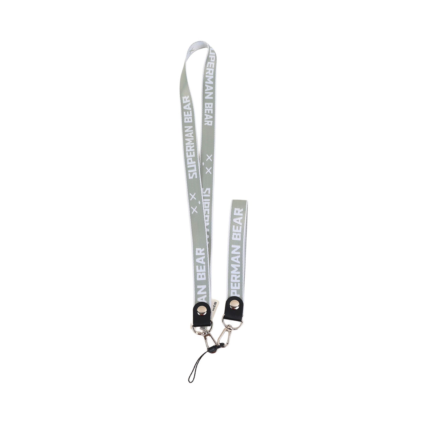 Gray phone lanyard with metal clips and SUPERMAN BEAR lettering