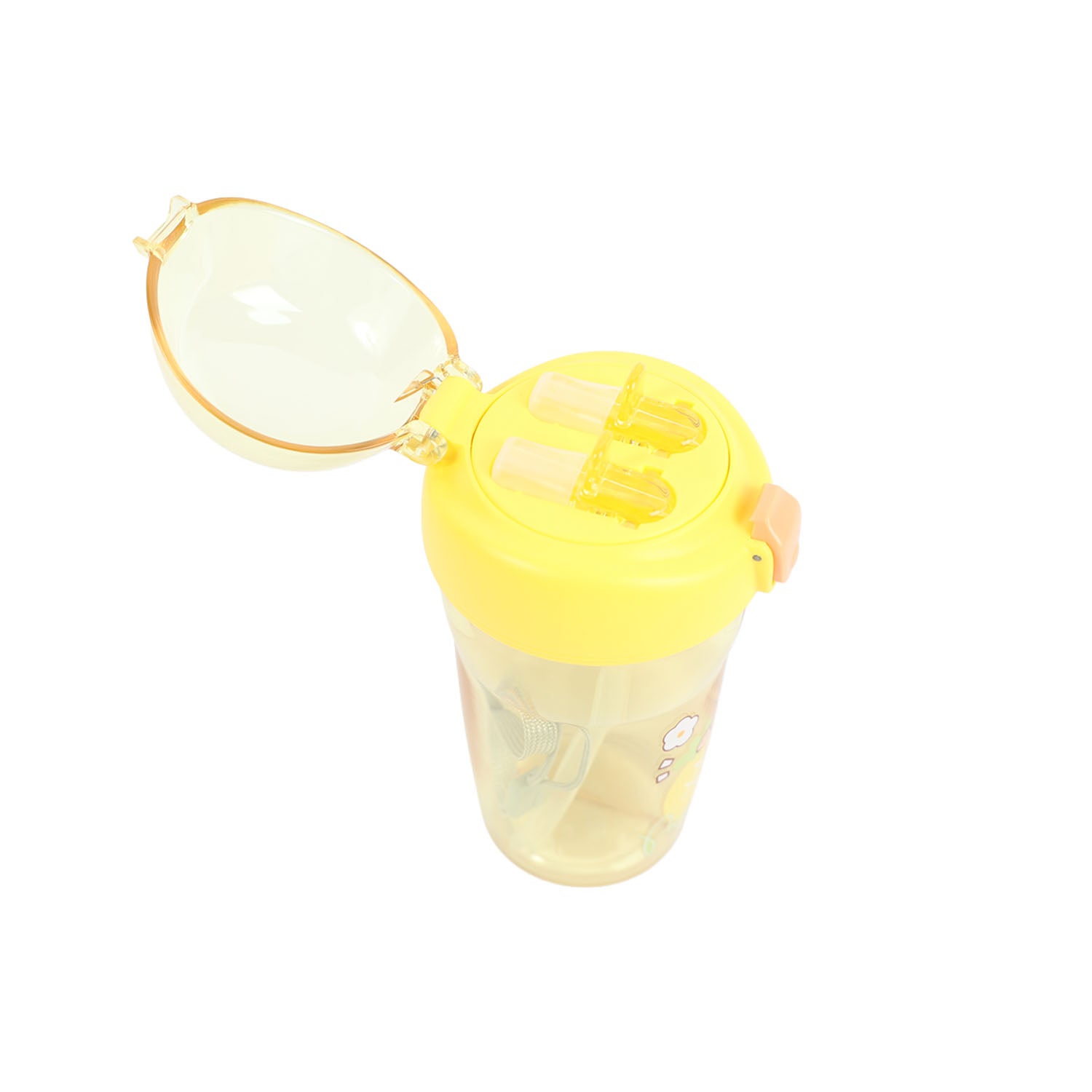 Yellow plastic 430ml sippy cup with open flip lid and drinking spout