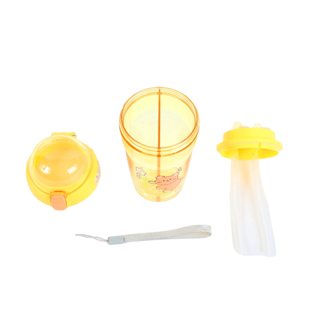 Yellow plastic 430ml sippy cup parts: cup, lid, two spouts, cleaning brush