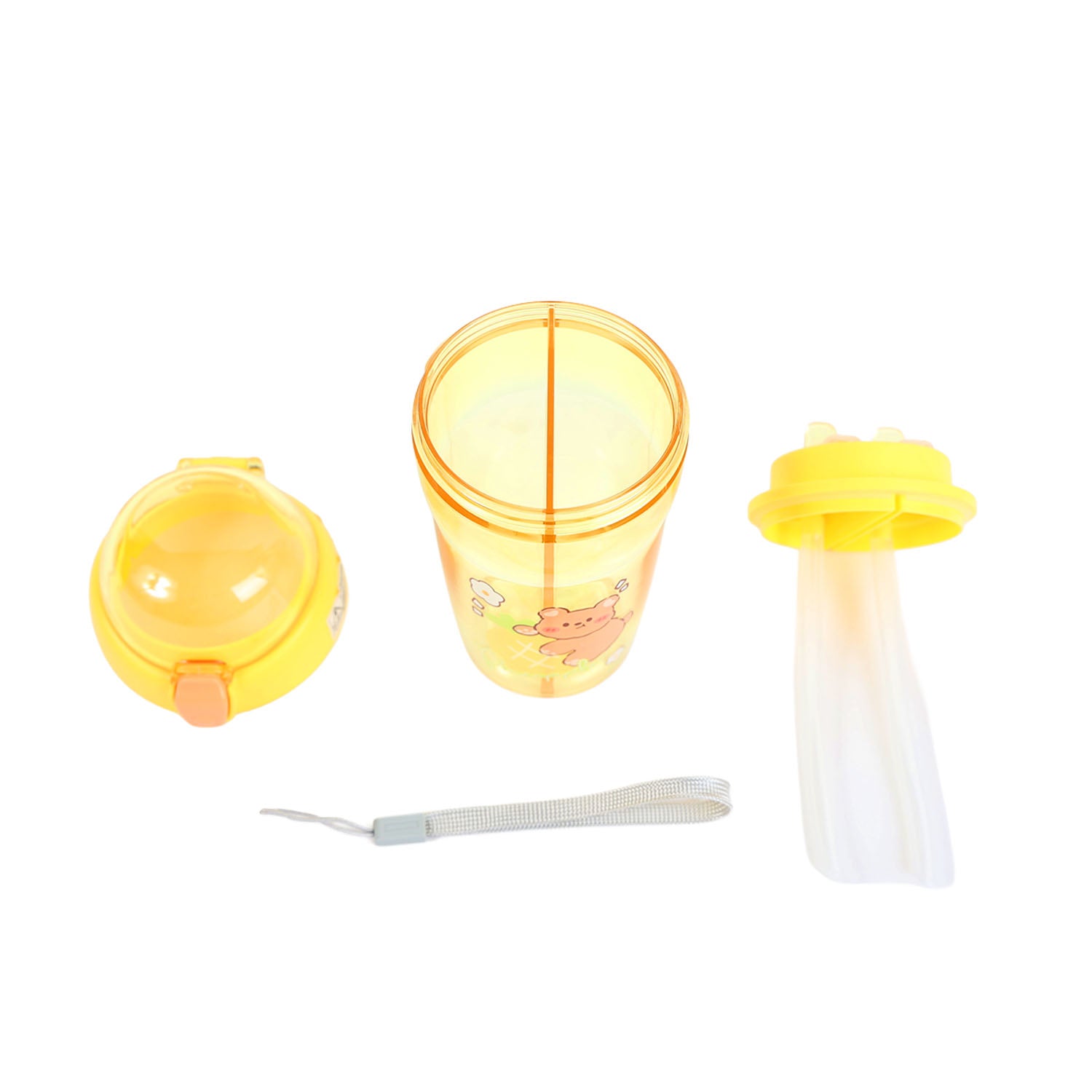 Yellow plastic 430ml sippy cup parts: cup, lid, two spouts, cleaning brush