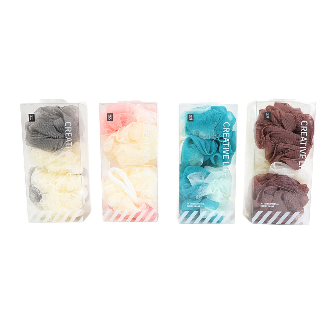 Assorted double-color bath balls in blister packaging; gray/cream, pink/cream, turquoise/white