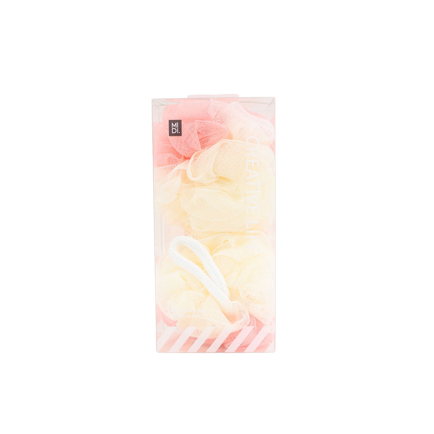 Double-color bath ball in light pink and cream mesh, shown in plastic pouch