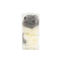 Double-color bath ball in gray and cream mesh, shown in plastic pouch