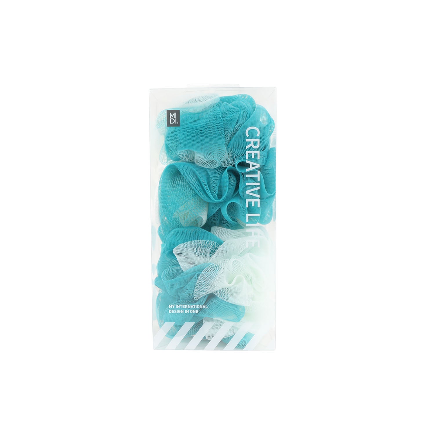 Double-color bath ball in turquoise and white mesh, shown in plastic pouch
