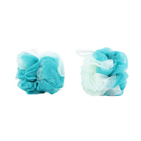 Double-color bath ball with turquoise and white mesh layers, loose in plastic pouch