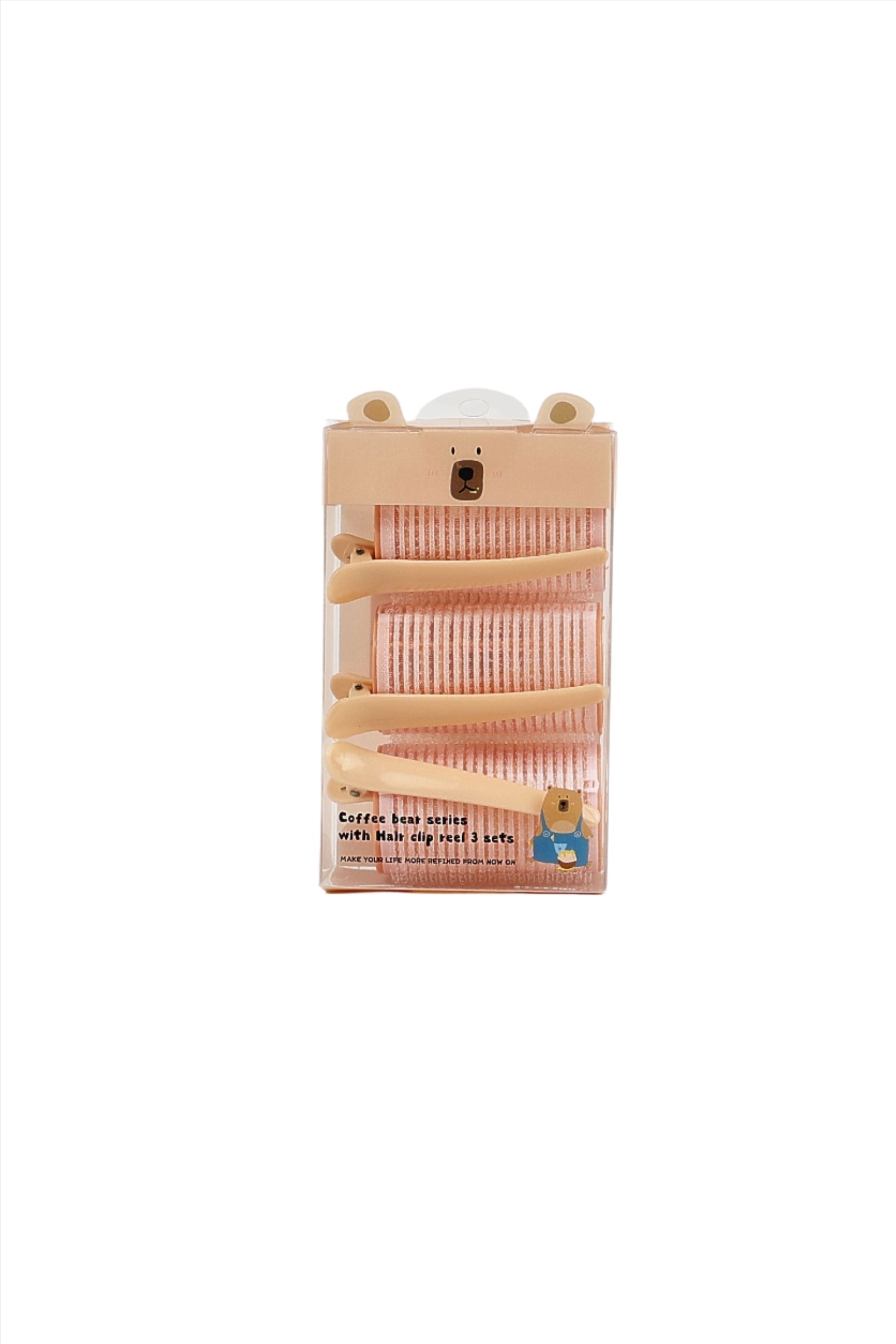 Set of three light pink hair rollers with beige clips, in clear case