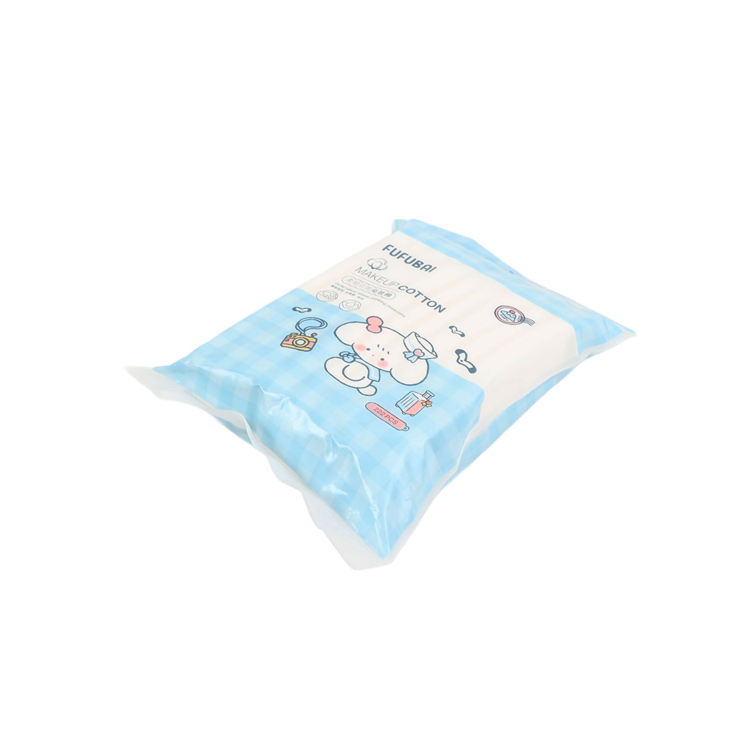 Folded double-sided cotton pad in clear wrap with blue check pattern and cute cartoon