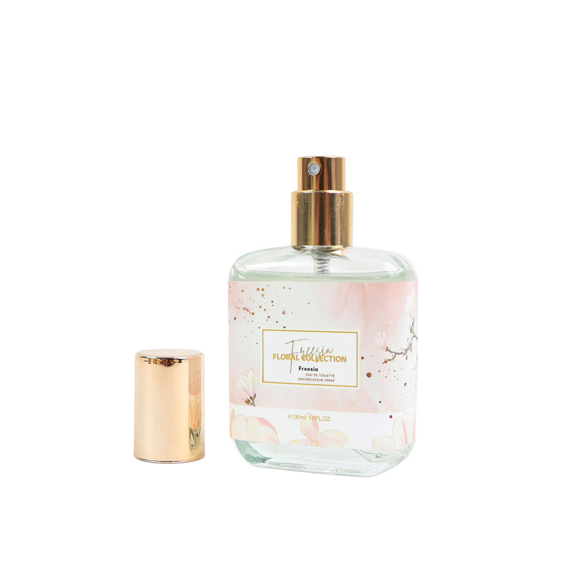 Freesia floral perfume bottle with gold cap, glass and floral label