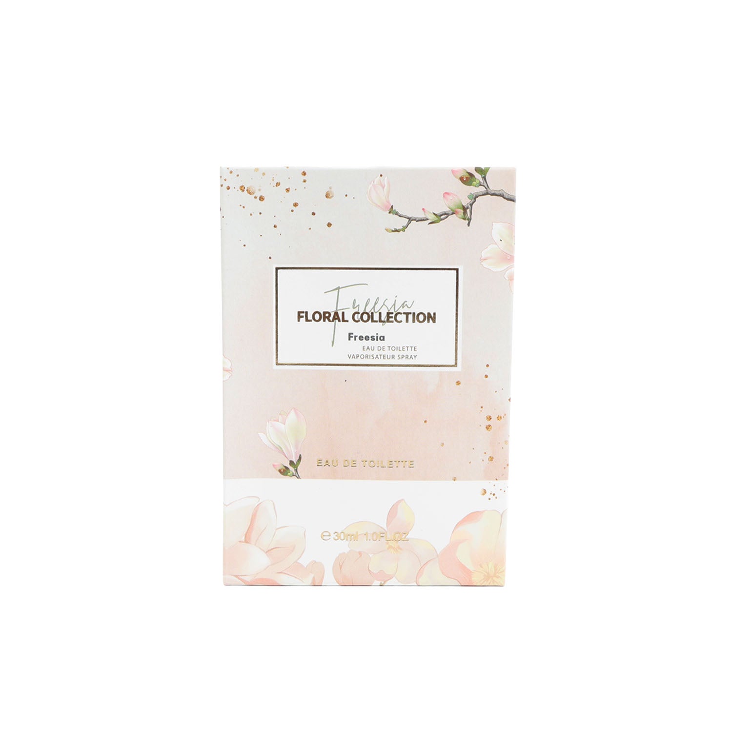Freesia floral perfume box, 30 ml, with floral artwork and label