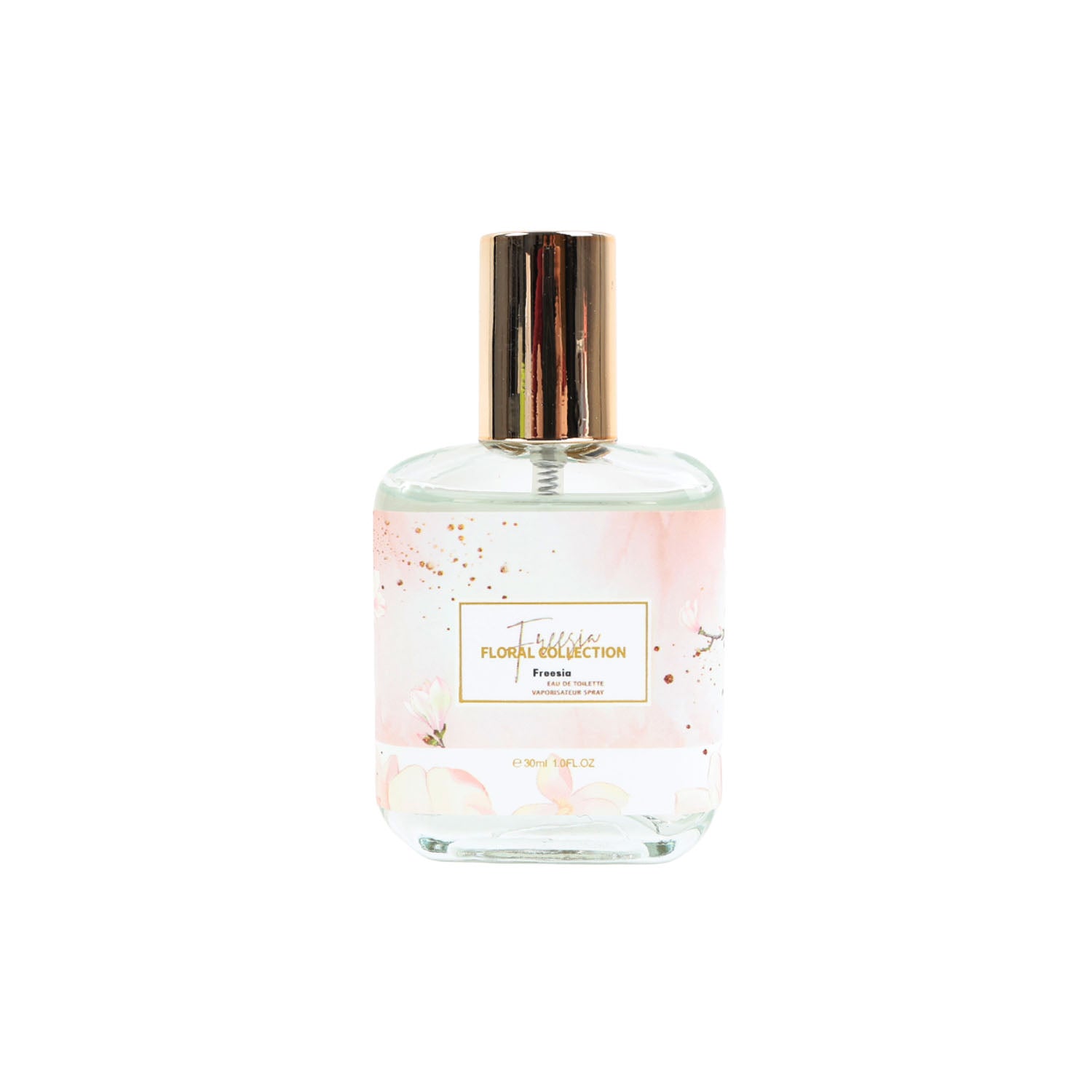 Freesia floral perfume bottle with gold cap and decorative floral label