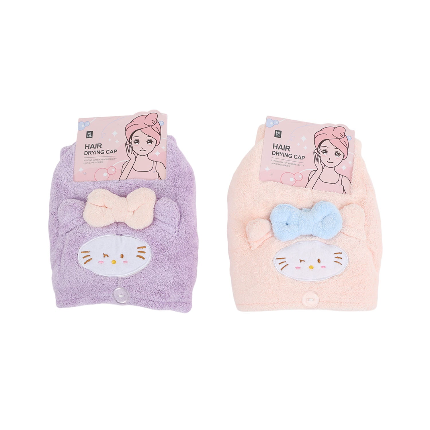 Hair drying cap set, plush purple and light pink with cute cat face