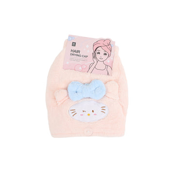 Hair drying cap, plush light pink with blue bow and cat face patch