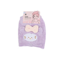 Hair drying cap, plush purple with cream bow and cat face patch