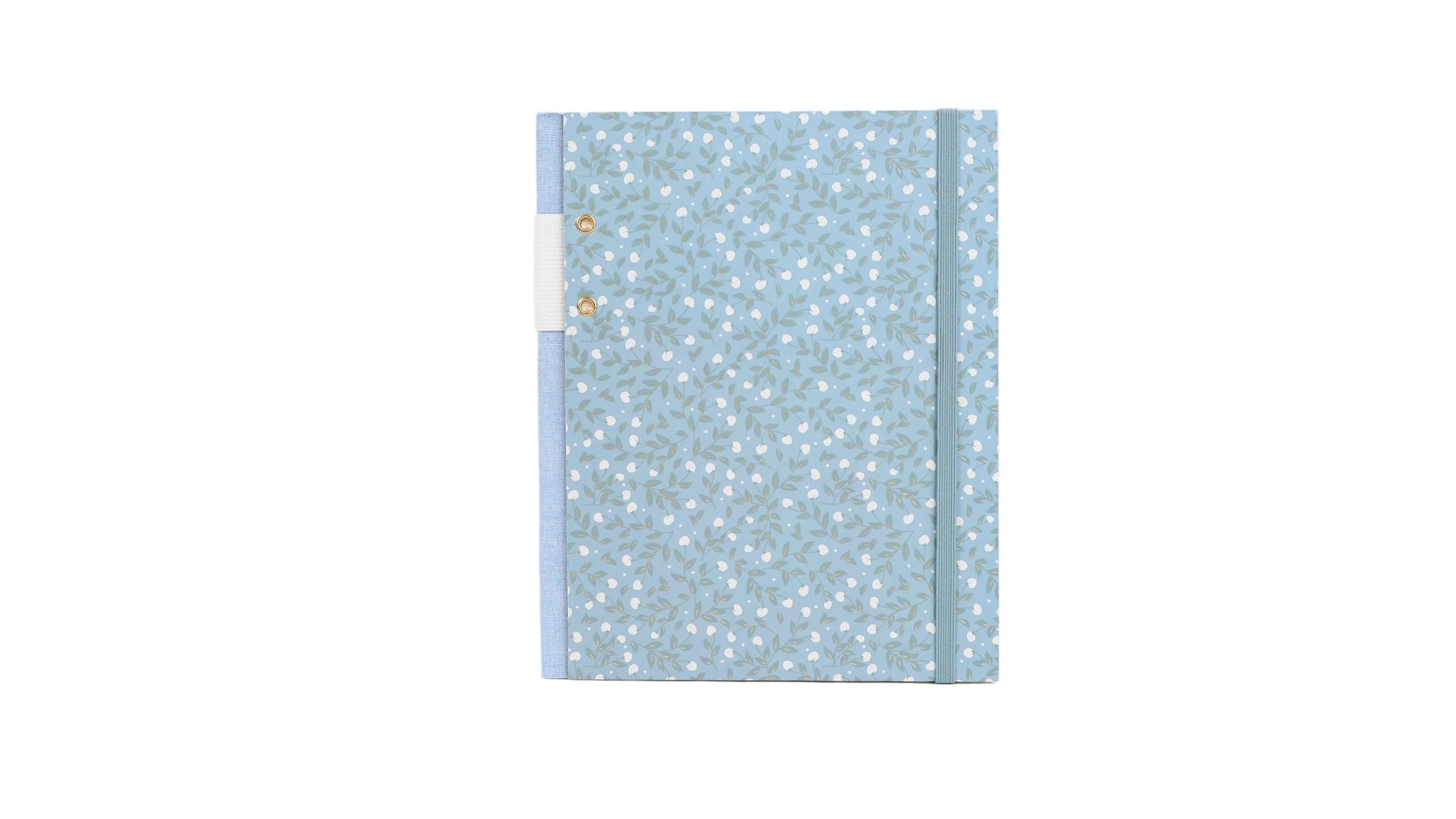 Printed hard surface notebook with blue patterned cover and centered front view