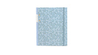 Printed hard surface notebook with blue patterned cover and centered front view