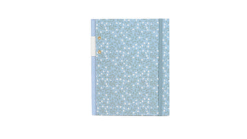 Printed hard surface notebook with blue patterned cover and centered front view