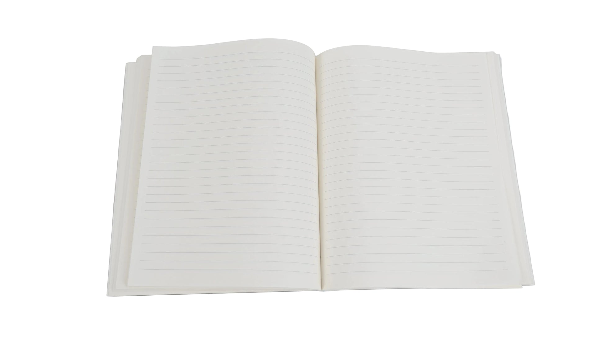 Hardcover lined notebook with open white pages and bound spine