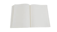 Hardcover lined notebook with open white pages and bound spine
