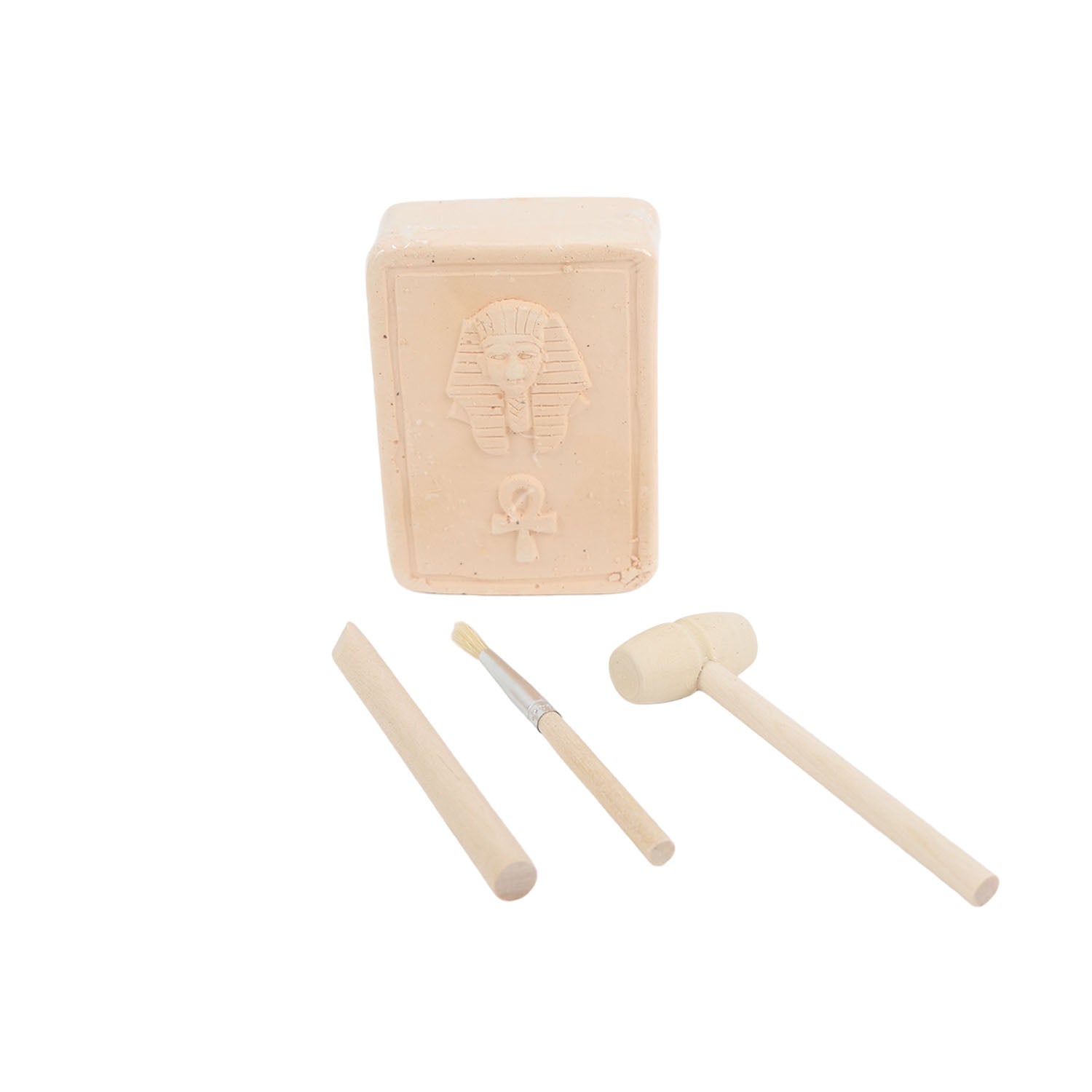 Gem ore block with embossed mummy and three wooden excavation tools