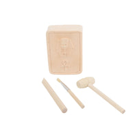 Gem ore block with embossed mummy and three wooden excavation tools