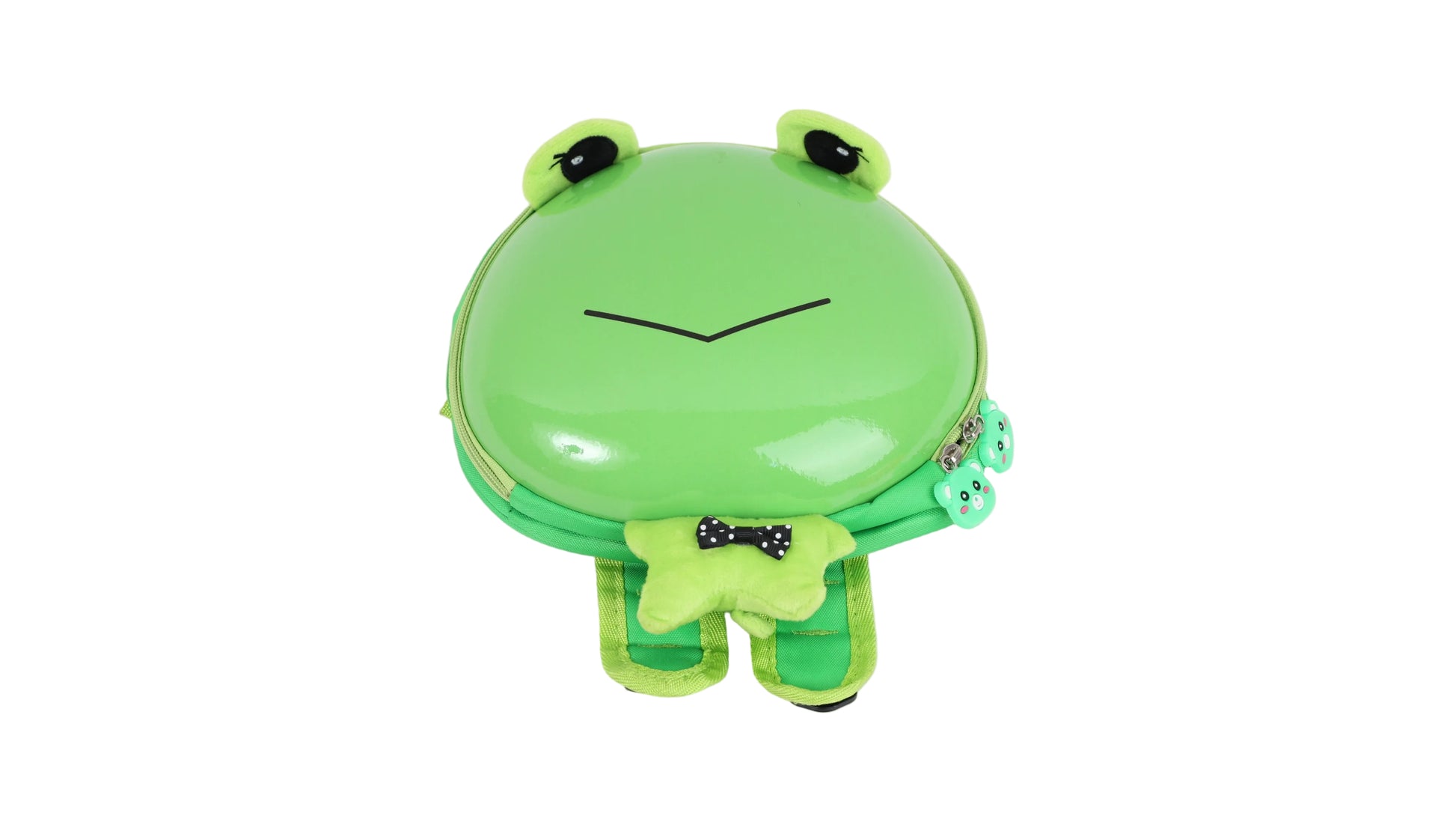 Green frog hard shell kids backpack with bow detail at front and small feet