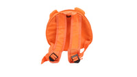 Orange hard shell kids backpack with adjustable straps and open back view