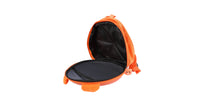 Orange hard shell kids backpack with open interior and black mesh lining