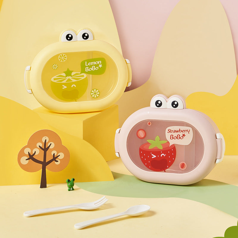 Kids lunch boxes with lemon and strawberry cartoon lids, character eyes, side handles